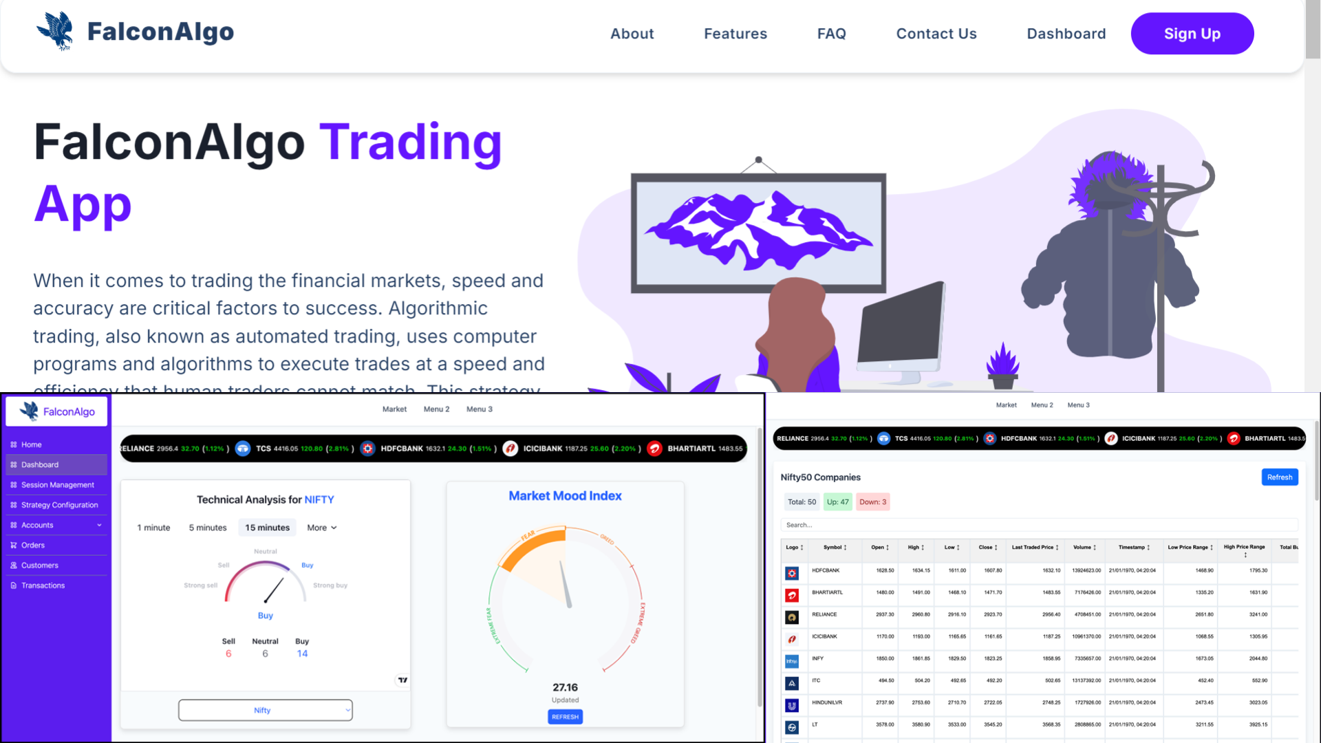 FalconAlgo landing page and trading dashboard